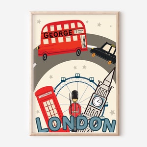 Impresión infantil de Londres, con un autobús personalizado, el Big Ben, el London Eye, un Black Cab, un soldado y una cabina telefónica (solo impresión, sin marco).