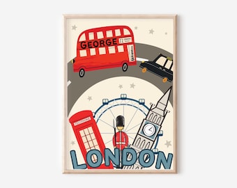 Children’s London print, featuring a personalised bus, Big Ben, London Eye, Black Cab, Soldier and telephone box (print only, unframed).