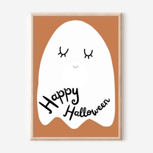 May include: A white ghost with closed eyes and a smile, on a brown background. The ghost says "Happy Halloween".