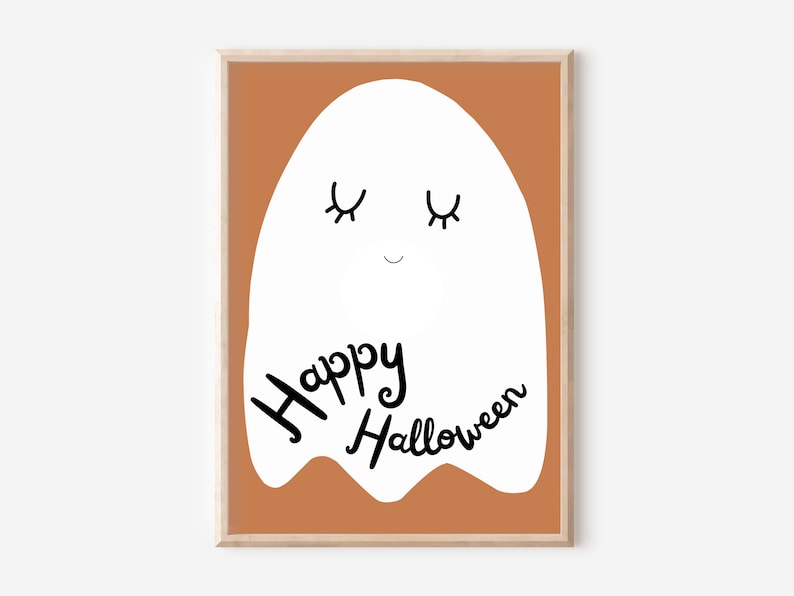 May include: A white ghost with closed eyes and a smile, on a brown background. The ghost says "Happy Halloween".