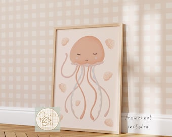 Whimsical jellyfish and shell print, girls room ocean decor, toddler mermaid room, under the sea girls nursery, whimsy tween room posters