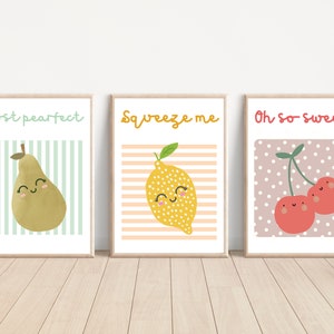 Bright fruit prints for kids, cute lemon, pear and cherries perfect for a playroom, nursery or bedroom (prints only)