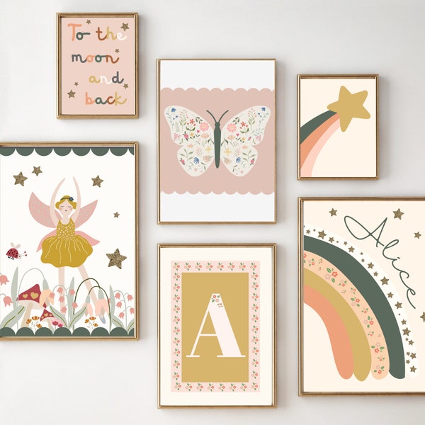 Set of fairy gallery wall prints for a girls room, playroom or nursery, including a personalised initial print (prints only).