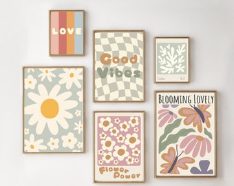 Set of teen and tween girls room prints. Flower power and love prints. Gallery wall prints, printed and shipped (prints only).