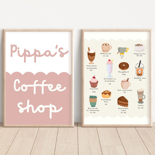 Imaginative play personalised coffee shop prints. Playroom prints perfect for creating a play kitchen and coffee shop area (prints only)