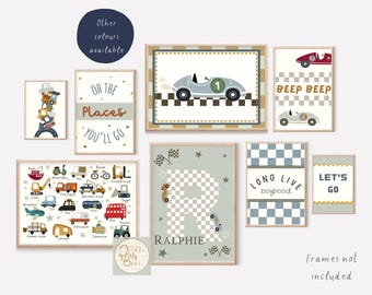 Set of race car and transport gallery wall prints for a playroom, bedroom or nursery, including personalised race car name print (unframed)