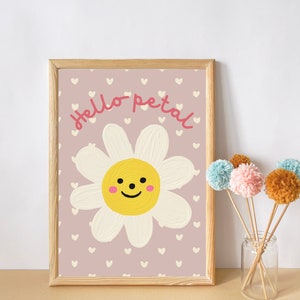 Pretty daisy print with 'hello petal' typography. Flower wall art perfect for girls rooms, a playroom or a nursery (print only)