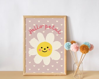 Pretty daisy print with 'hello petal' typography. Flower wall art perfect for girls rooms, a playroom or a nursery (print only)
