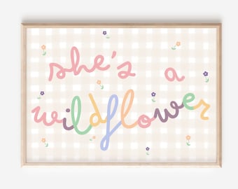 Pastel gingham print with she’s a wildflower typography. Wall art perfect for girls rooms, a playroom or a baby girls nursery (print only)