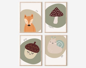 Woodland animal and autumn prints. Cute fox, snail, acorn and toadstool prints for a nursery, bedroom or playroom (prints only)