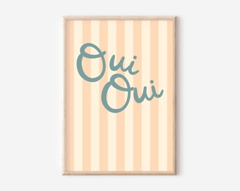Funny bathroom or downstairs toilet peach stripe typography print ‘oui oui’ (print only)
