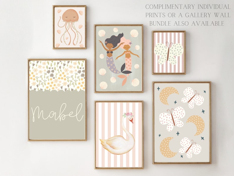 May include: Set of eight printable nursery art prints featuring a variety of whimsical designs, including mermaids, butterflies, moons, and a swan. The prints are in a muted color palette of pink, yellow, and blue. The prints are perfect for a child's bedroom or playroom.
