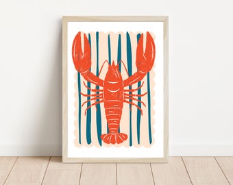 Kitchen and dining lobster print. Blue orange and pink, bright, fun kitchen and dining room wall art (print only)