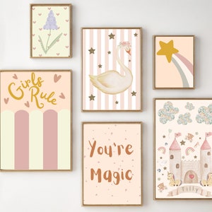 Fairytale and princess set of prints for girls, including a personalised fairytale castle name print. Printed and shipped (prints only).