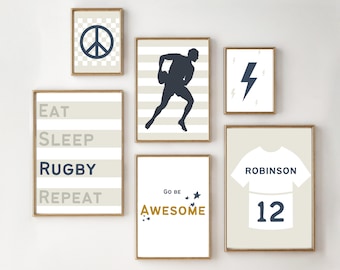 Gallery wall rugby prints for kids and teens. Eat, sleep, rugby, repeat. Set of prints, printed and shipped (prints only).