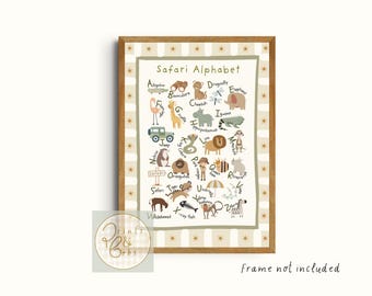 Kids safari and jungle alphabet border print. Perfect gender neutral wall art for a playroom, nursery or child’s room (unframed)