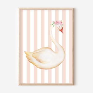 May include: A watercolor illustration of a white swan with a pink flower crown on a pink and white striped background.