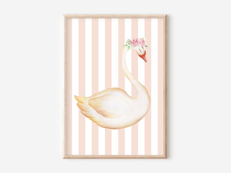May include: A watercolor illustration of a white swan with a pink flower crown on a pink and white striped background.