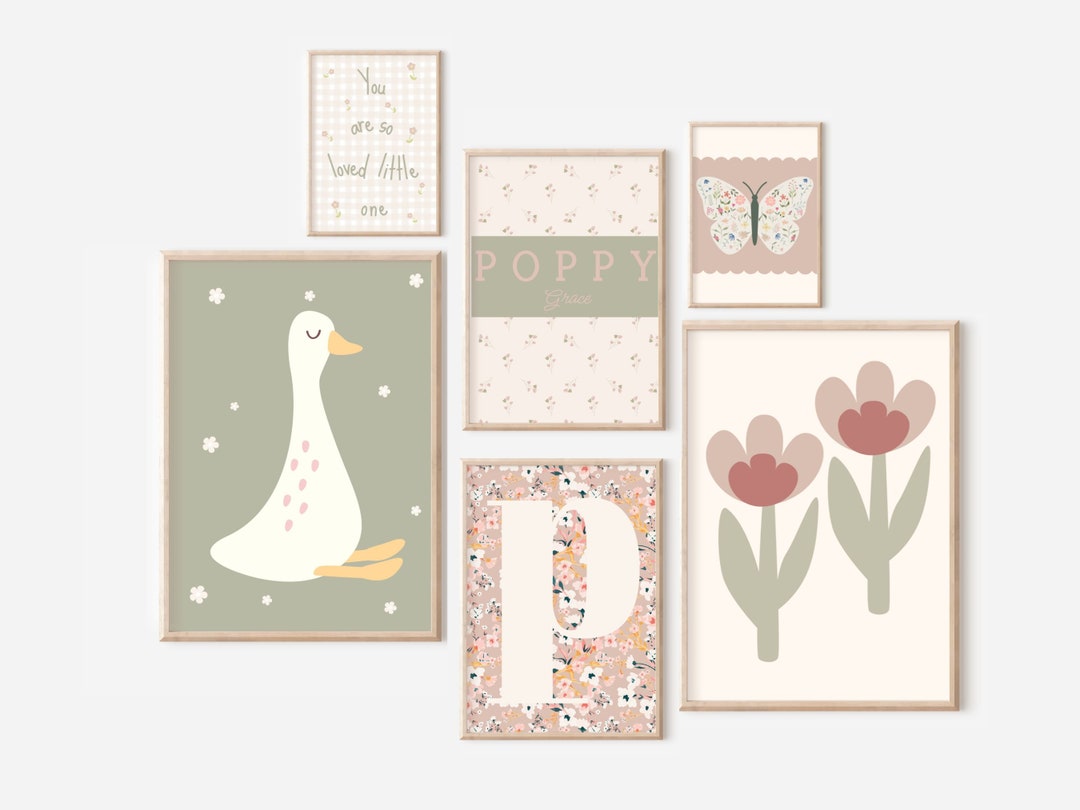 Set of Girls Dusty Pink and Sage Green Gallery Wall Prints for a Girls ...