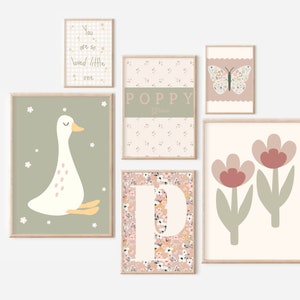 Set of girls dusty pink and sage green gallery wall prints for a girls room, playroom or nursery (unframed).