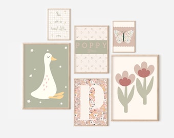 Set of girls dusty pink and sage green gallery wall prints for a girls room, playroom or nursery (unframed).