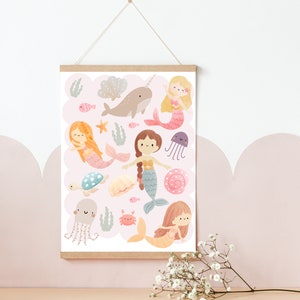 Mermaid, shell and sealife print for girls room, playroom or nursery (print only).