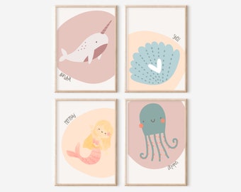 Mermaid, shell and sealife nursery and children's room prints. (Prints only).