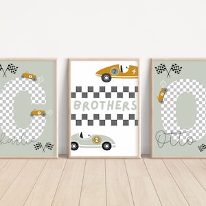 Set of 3 personalised brothers race car initial prints, perfect for a shared bedroom, playroom or nursery (unframed).