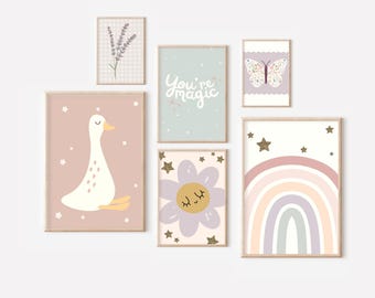 Set of pastel gallery wall prints for a playroom, bedroom or nursery (prints only).