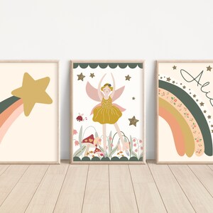 Set of 3 personalised fairy, rainbow and shooting star prints. Perfect for a girls room, nursery or playroom (prints only)