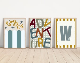 Set of 3 boys rule, adventure and a personalised initial print. Perfect for a nursery, bedroom or playroom (prints only)