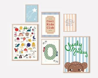 Set of gallery wall prints for a playroom, bedroom or nursery, including a personalised race car initial and name print (prints only).
