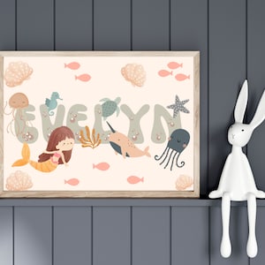 Personalised ocean print. Perfect for a mermaid and shell theme girls room, playroom or nursery print only. image 1