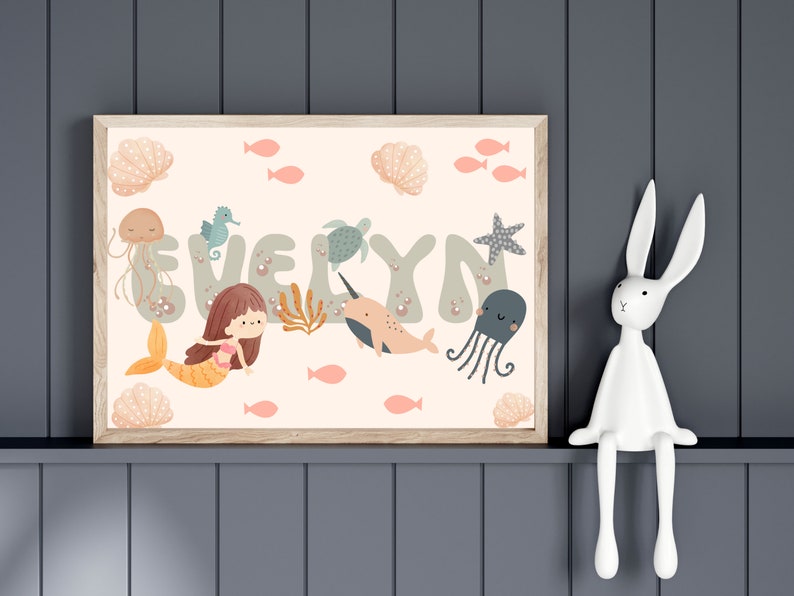 Personalised ocean print. Perfect for a mermaid and shell theme girls room, playroom or nursery print only. image 1