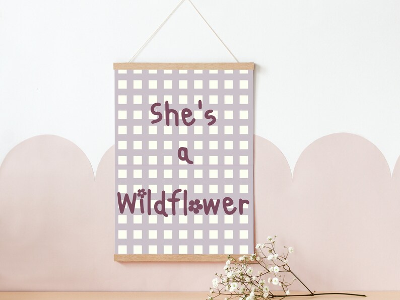 Gingham print with shes a wildflower typography. Wall art perfect for girls room, playroom or a nursery print only image 5