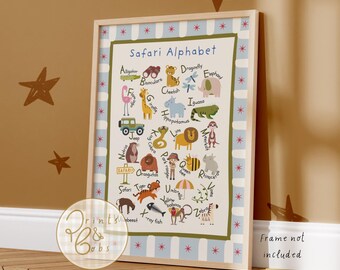 Kids safari and jungle alphabet print, bright safari decor, gender neutral toddler wall art, animal nursery poster, neutral checked border