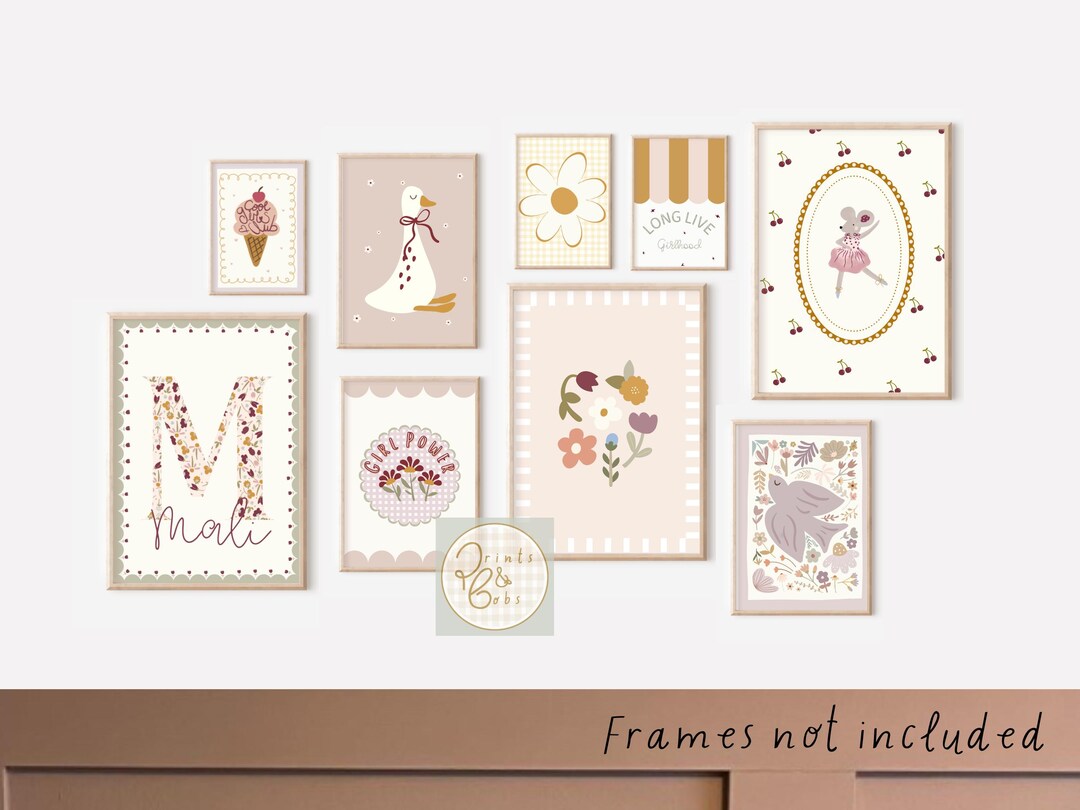 Set of 9 Girls Dusty Pink and Sage Green Gallery Wall Prints for a ...