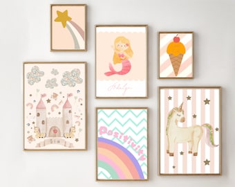 May include: A set of six framed prints featuring whimsical illustrations for a child's room. The prints include a mermaid, a unicorn, a castle, an ice cream cone, a rainbow, and a shooting star.