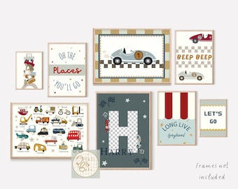 Set of race car and transport gallery wall prints for a playroom, bedroom or nursery, including personalised race car name print (unframed)