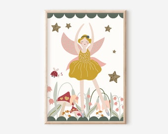 Fairy and wildflower print. Perfect for a girls room, girls nursery or playroom. (print only, unframed).