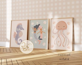 ocean and mermaid prints, toddler shell decor, tween girls room posters, jellyfish and seahorse, set of 3, playroom wall art, under the sea