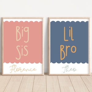 Set of 2 'Big Sis, Lil Bro' playroom and bedroom prints. Personalised wall art for brothers and sisters (prints only)