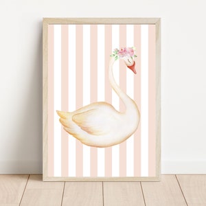 May include: A white swan with a pink flower crown on a pink and white striped background. The swan is facing to the right and has a red beak.