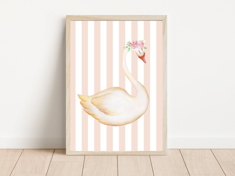 May include: A white swan with a pink flower crown on a pink and white striped background. The swan is facing to the right and has a red beak.