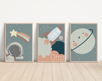 Set of 3 personalised space prints with a boho colour scheme perfect for a nursery, bedroom or playroom (prints only)