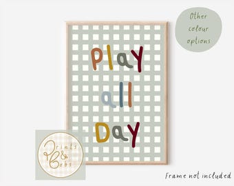 Play all day gingham print for a playroom, bedroom or nursery. Multiple colour options available. Colourful wall art for kids (unframed).