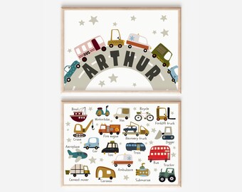 May include: Two framed children's art prints. The top print features the name "ARTHUR" in large letters with colorful vehicles on a road. The bottom print displays various vehicles with their names, including a boat, car, and bus, with star accents.