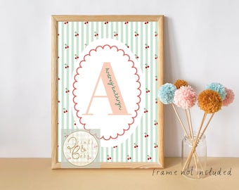 Personalised striped cherry initial print. Perfect for a girls room, nursery or playroom (unframed)