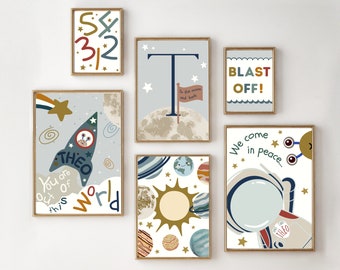 Set of space prints for a boys room or nursery, including a personalised initial and rocket print (prints only).