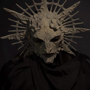 May include: A detailed, ornate mask with a crown-like structure. The mask is a light, neutral color with intricate carvings and a stern expression. The mask is set against a dark background, with a black fabric draped below.